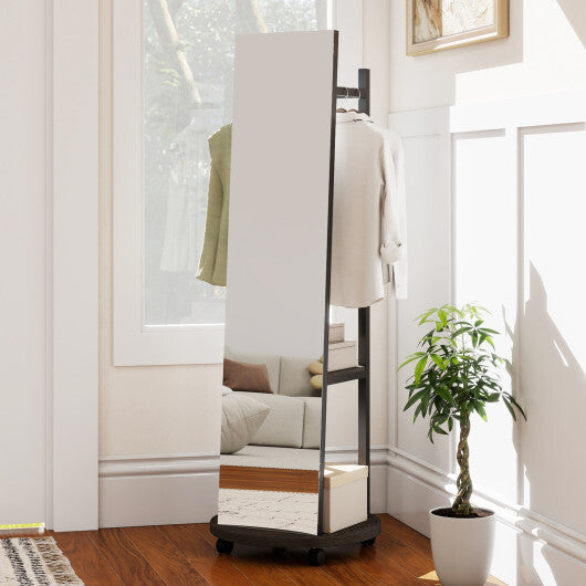 Coat Rack with Full Length Mirror Freestanding Coat Tree with 3 Hooks-Walnut