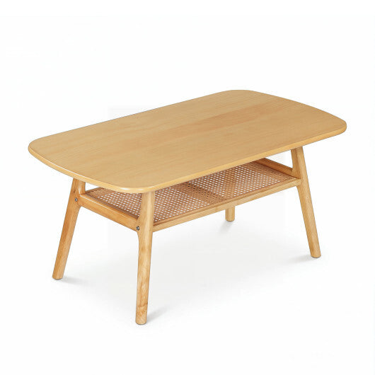 2-Tier Boho Rattan Coffee Table with Rounded Corners-Walnut