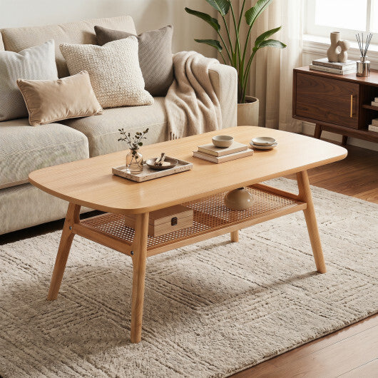 2-Tier Boho Rattan Coffee Table with Rounded Corners-Walnut