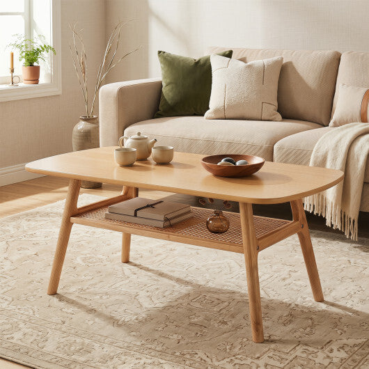 2-Tier Boho Rattan Coffee Table with Rounded Corners-Walnut