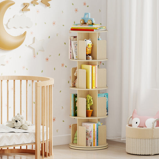4-Tier Rotating Bookshelf 360 Display Rack with Dividers and Anti-falling Baffles-Natural