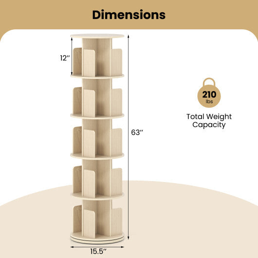 5-Tier Rotating Bookshelf 360 Display Rack with Dividers and Anti-falling Baffles-White