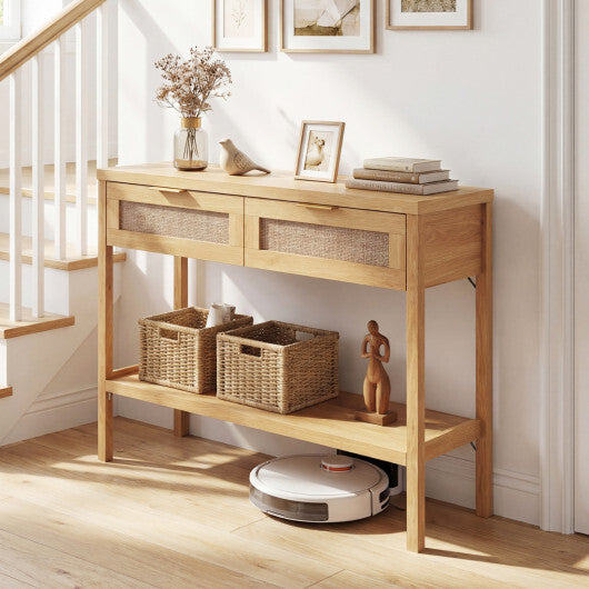 Rattan Console Table with 2 Drawers and Bottom Shelf-Natural
