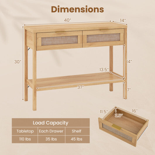 Rattan Console Table with 2 Drawers and Bottom Shelf-Natural