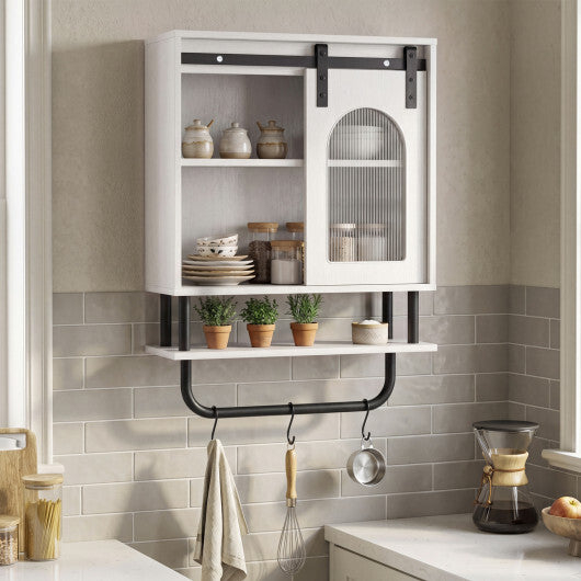 Bathroom Wall Cabinet with Sliding Barn Door and Metal Hanging Bar with 3 Hooks-Black