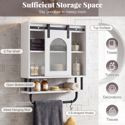 Bathroom Wall Cabinet with Sliding Barn Door and Metal Hanging Bar with 3 Hooks-Black