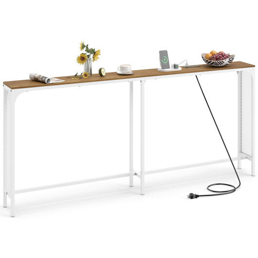 71 Inch Narrow Console Table with Power Outlet for Small Space-Rustic Brown
