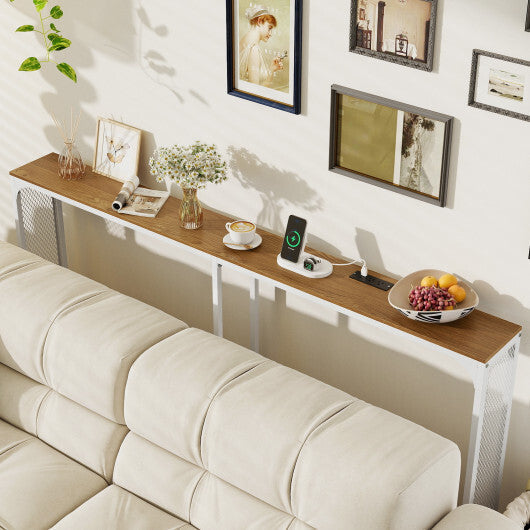 71 Inch Narrow Console Table with Power Outlet for Small Space-Rustic Brown