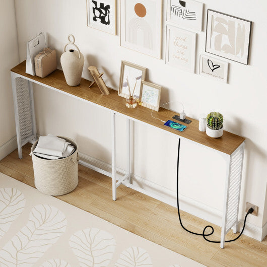 71 Inch Narrow Console Table with Power Outlet for Small Space-Rustic Brown