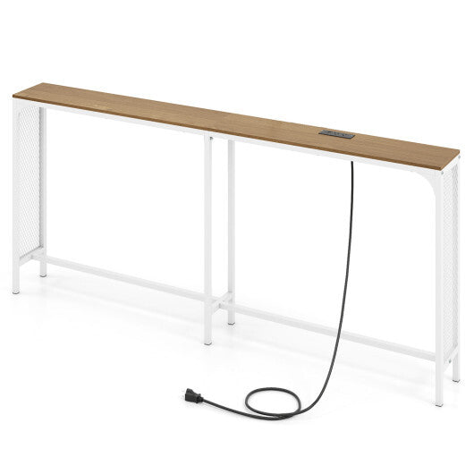 71 Inch Narrow Console Table with Power Outlet for Small Space-Rustic Brown