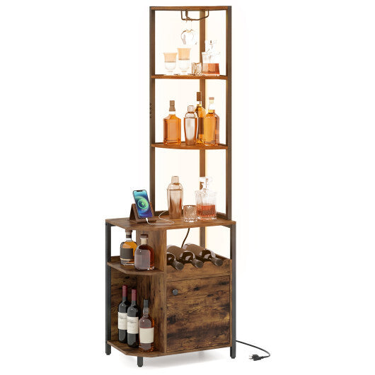 6-Tier Corner Bar Cabinet with LED Lights and Charging Station for Kitchen-Rustic Brown