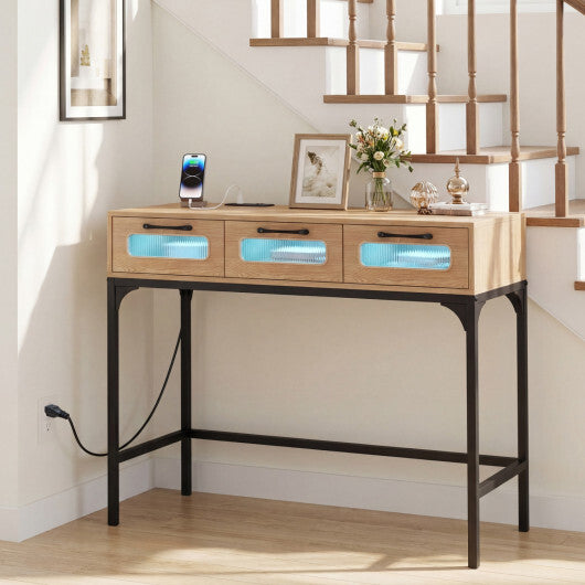 Console Table with LED Lighting and Charging Station for Living Room and Hallway-White