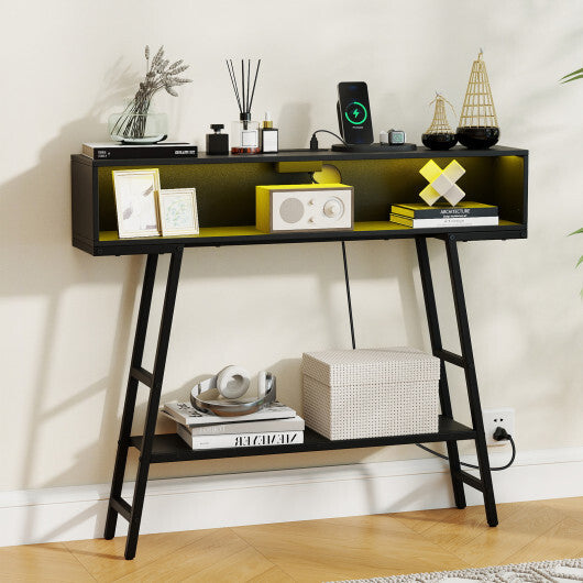 40" Console Table with Charging Station and LED Lights-Rustic Brown