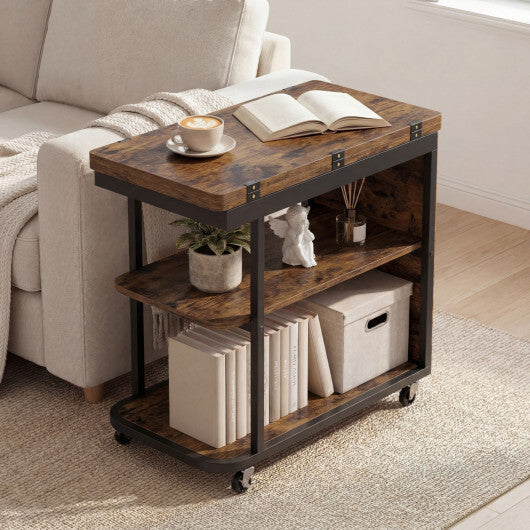 Mobile Night Stand with Foldable Swivel Top and 2-Tier Shelf for Small Spaces-Natural