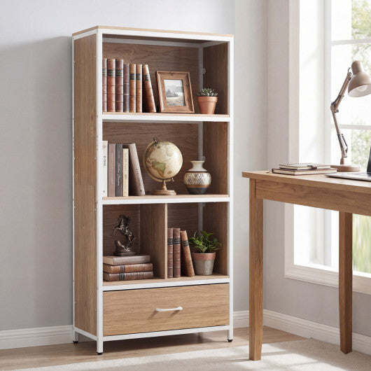 56" Tall Freestanding Bookcase with Drawer 5 Tier-RusticBrown