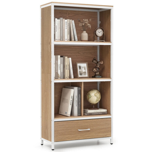 56" Tall Freestanding Bookcase with Drawer 5 Tier-RusticBrown