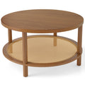 2-Tier Boho Round Rattan Coffee Table with Storage Shelf-Walnut