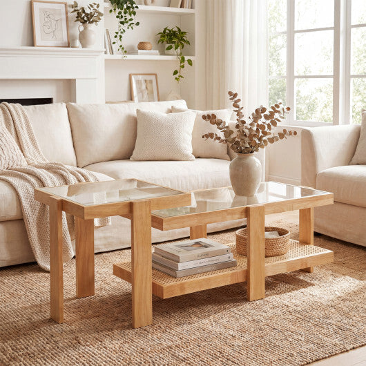 Set of 2 Nesting Coffee Table with Boho Rattan Accent Table-Natural