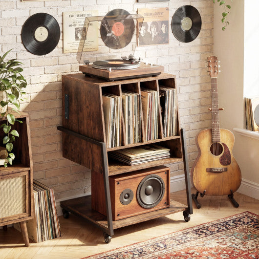 Record Player Stand on Wheels Rolling Turntable Stand with Power Outlets-Rustic Brown