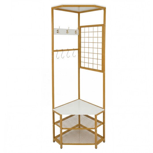Corner Hall Tree Freestanding Coat Rack with Storage Shelves Removable Hooks-Brown