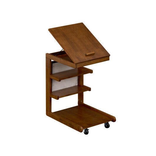 C-shaped End Table with Wheels and Adjustable Desktop for Sofa Couch Bedside-Natural
