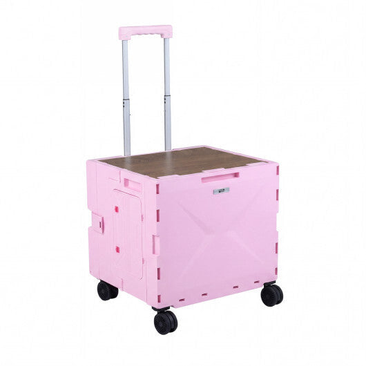 Foldable Utility Cart on 4 Rotate Wheels with Cup Holder-Pink