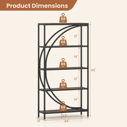 5-Tier Bookshelf with Half-Moon Shape for Living Room and Home Office-Rustic Brown