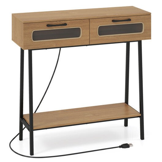 Console Table with LED Lights and Open Shelf for Hallway Entrance-Natural
