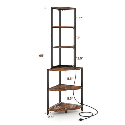 65 Inch 6-Tier Corner Shelf with Charging Station and Ambience Light-Natural