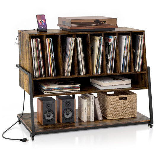 Turntable Stand with Charging Station and Vinyl Storage Shelves-Black