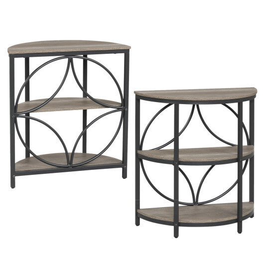 Narrow Side Table with Study Metal Frame and Storage Shelves-Rustic Brown