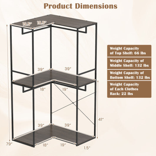 3-Tier Heavy Duty Clothes Rack with 3 Shelves & 2 Hanging Racks-Black & Brown