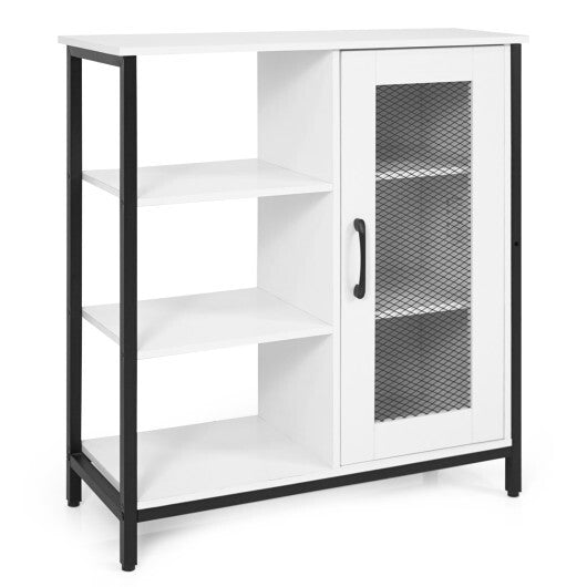 Industrial Side Cabinet with Metal Mesh Door and 3 Open Shelves-Rustic Brown