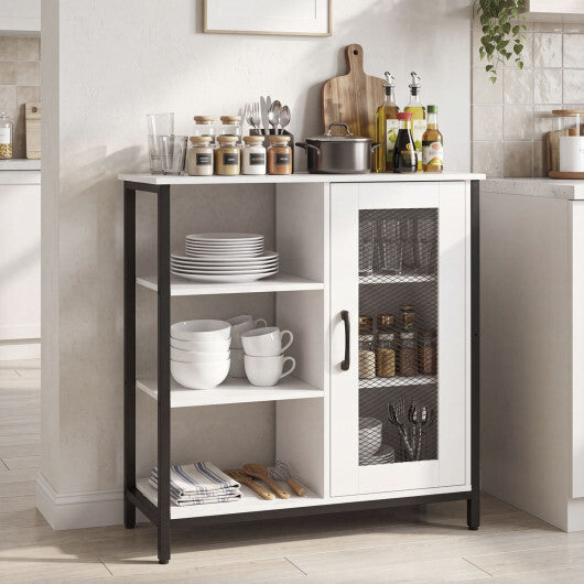 Industrial Side Cabinet with Metal Mesh Door and 3 Open Shelves-Rustic Brown
