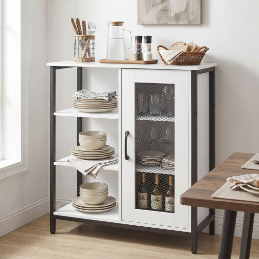 Industrial Side Cabinet with Metal Mesh Door and 3 Open Shelves-Rustic Brown