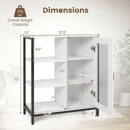 Industrial Side Cabinet with Metal Mesh Door and 3 Open Shelves-Rustic Brown