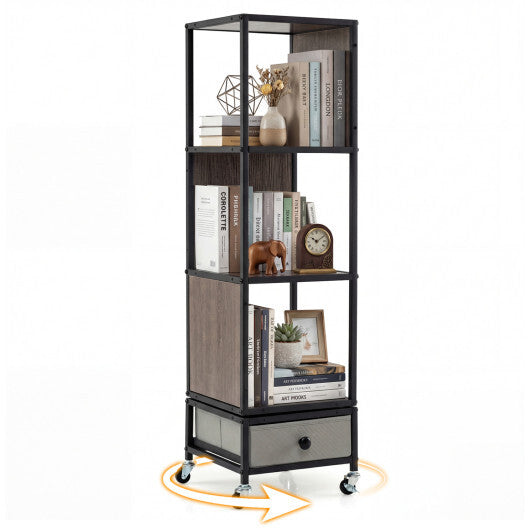 4-Tier Rotating Bookshelf on Wheels with Removable Drawer-White