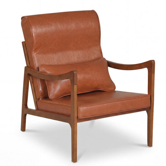Modern Accent Chair with Solid Rubber Wood Faux Leather Upholstered Armchair-White