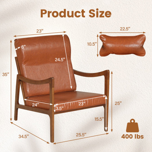 Modern Accent Chair with Solid Rubber Wood Faux Leather Upholstered Armchair-White