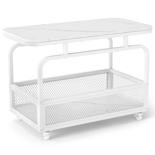 Rolling Side Table 2-Tier Narrow End Table with Mesh Storage Basket-White