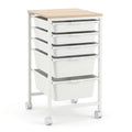 5-Drawer Rolling Storage Cart Mobile Utility Organizer with Wooden Tabletop and Lockable Wheels-White