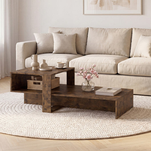 2-Tier Coffee Table Modern Irregular Center Table with Open Storage Shelf-Brown