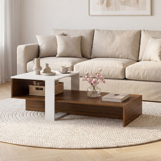 2-Tier Coffee Table Modern Irregular Center Table with Open Storage Shelf-Brown