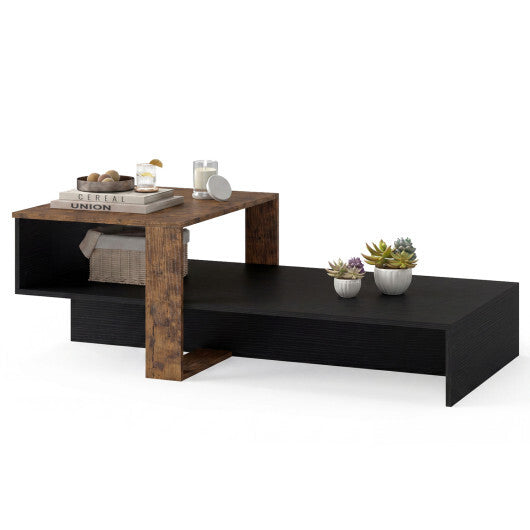2-Tier Coffee Table Modern Irregular Center Table with Open Storage Shelf-Brown
