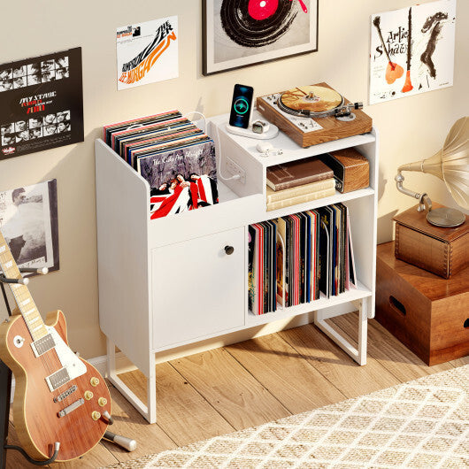 Record Player Stand with Power Outlets and Vinyl Storage Holder up to 250 Albums-Black