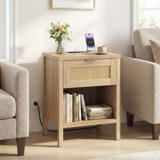 Rattan Nightstand with Charging Station and Storage Shelf for Bedroom-Oak