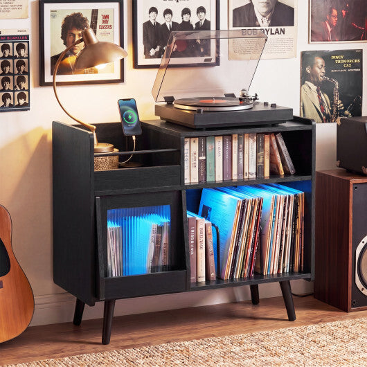 Record Player Stand with LED Light and Power Outlets-Black