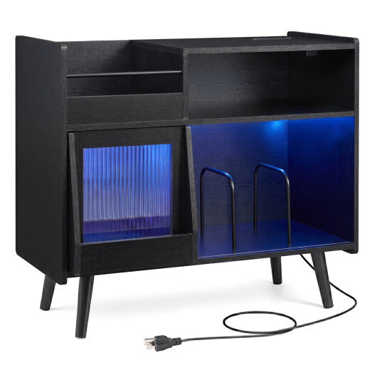 Record Player Stand with LED Light and Power Outlets-Black