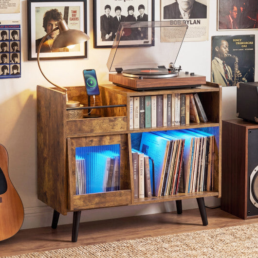 Record Player Stand with LED Light and Power Outlets-Black