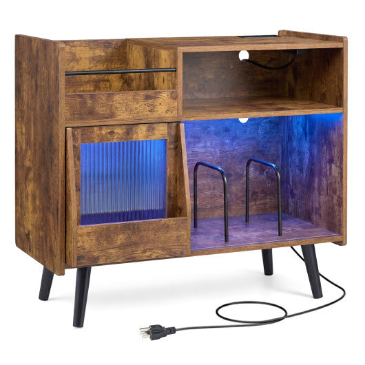 Record Player Stand with LED Light and Power Outlets-Black